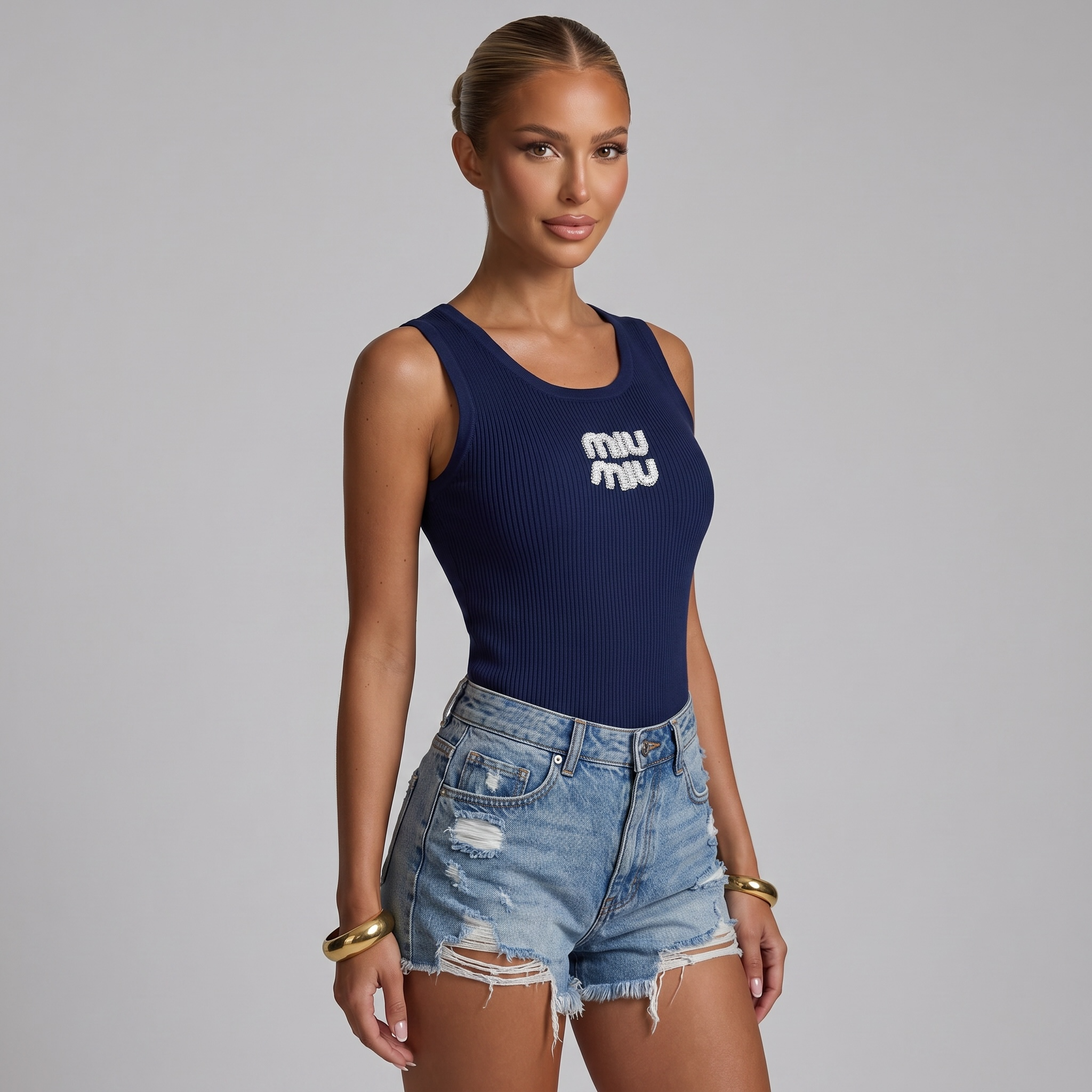 💙 Miu Miu Crystal Logo Ribbed Tank Top ✨one size