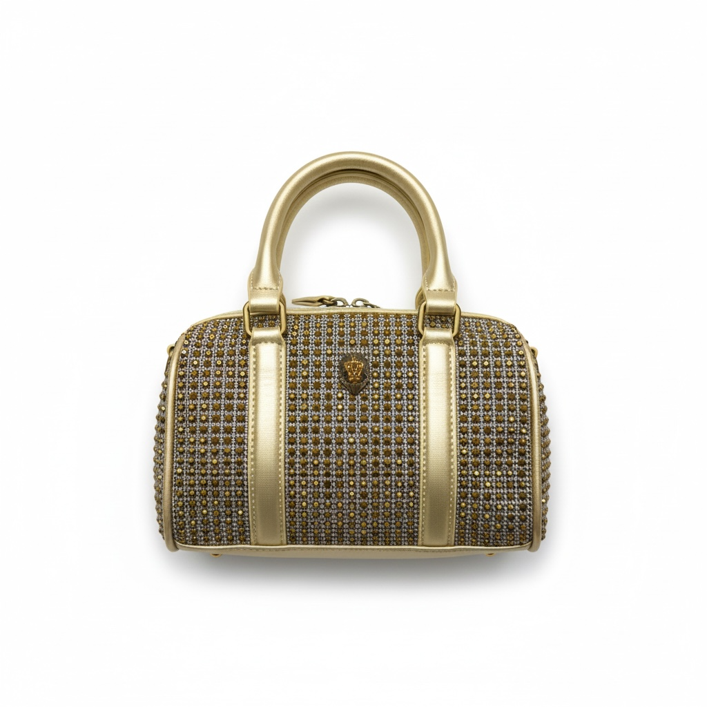 ✨ Kurt Geiger Gold Crystal Embellished Boston Bag – Luxury Top Handle Handbag