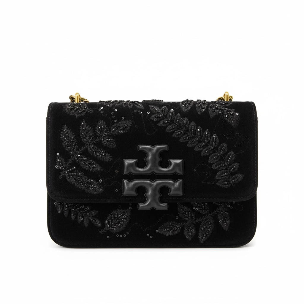 Tory Burch Velvet Chain Shoulder Bag – Black Embroidered Edition 🖤✨