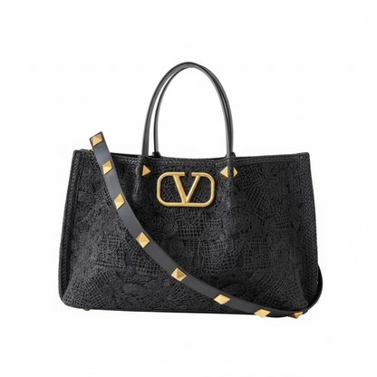 Valentino Garavani Black Lace Tote – VLogo Rockstud Strap 🖤✨