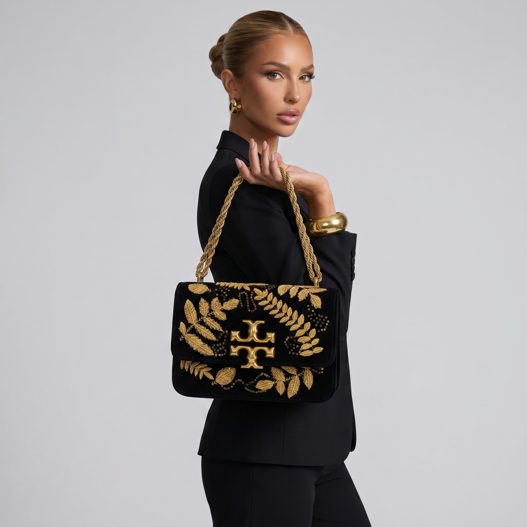 Tory Burch Embroidered Velvet Shoulder Bag – Black & Gold Luxe ✨🖤