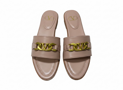 Valentino VLogo Nude Leather Slides 🤍✨ Premium Gold Chain
