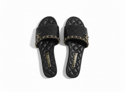 CHANEL Quilted Chain Slides – Black Gold 🖤✨ | Effortless Luxury Comfort