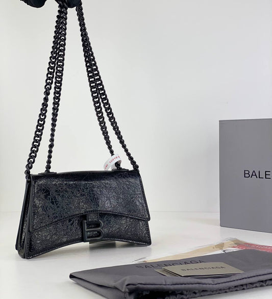 Balenciaga Hourglass Chain Bag in Black Crinkled Leather