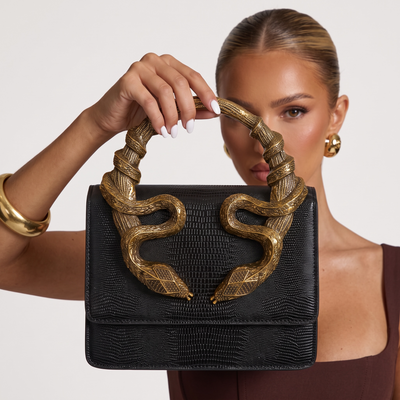 Roberto Cavalli Black Lizard-Effect Bag with Sculpted Snake Handle 🐍🖤 | Bold Italian Elegance