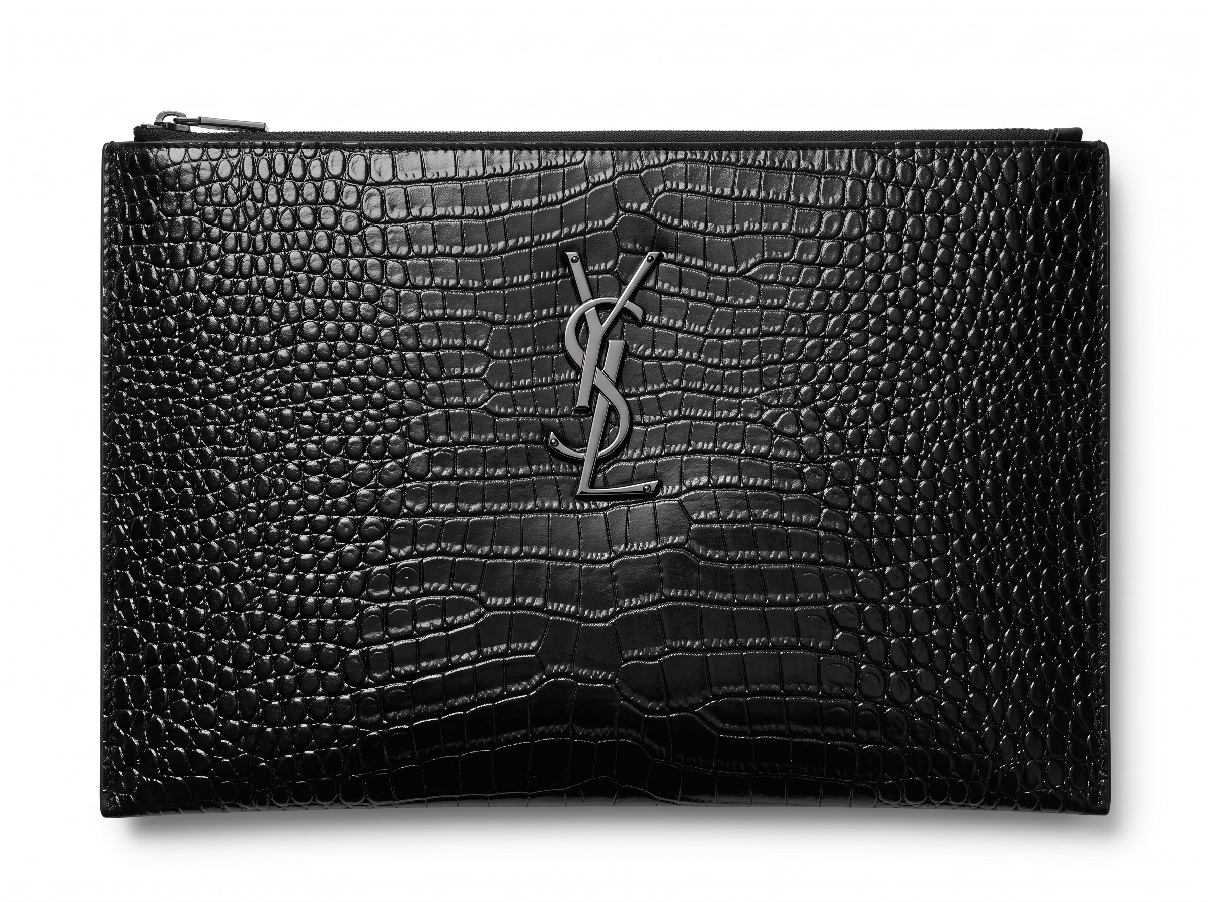 ✨ Saint Laurent Croc-Embossed Leather Pouch – Black