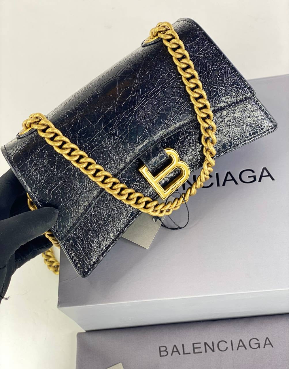 Balenciaga Hourglass Chain Bag in Black Crinkled Leather