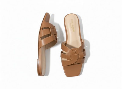 SAINT LAURENT Interlaced Leather Slides – Tan 🤎✨ | Everyday Luxury Essential