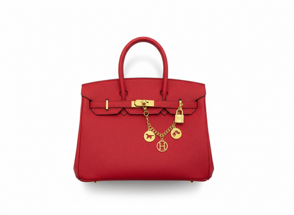 Hermès Birkin-Style Red Leather Handbag with Gold Charm ❤️✨