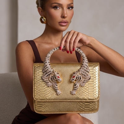 👜 Roberto Cavalli Gold Snake-Effect Top Handle Bag with Tiger Head Handle