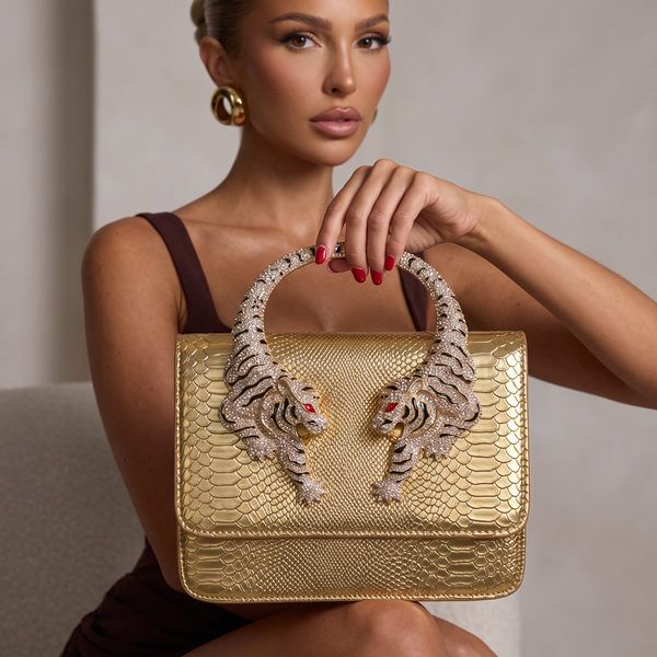 👜 Roberto Cavalli Gold Snake-Effect Top Handle Bag with Tiger Head Handle