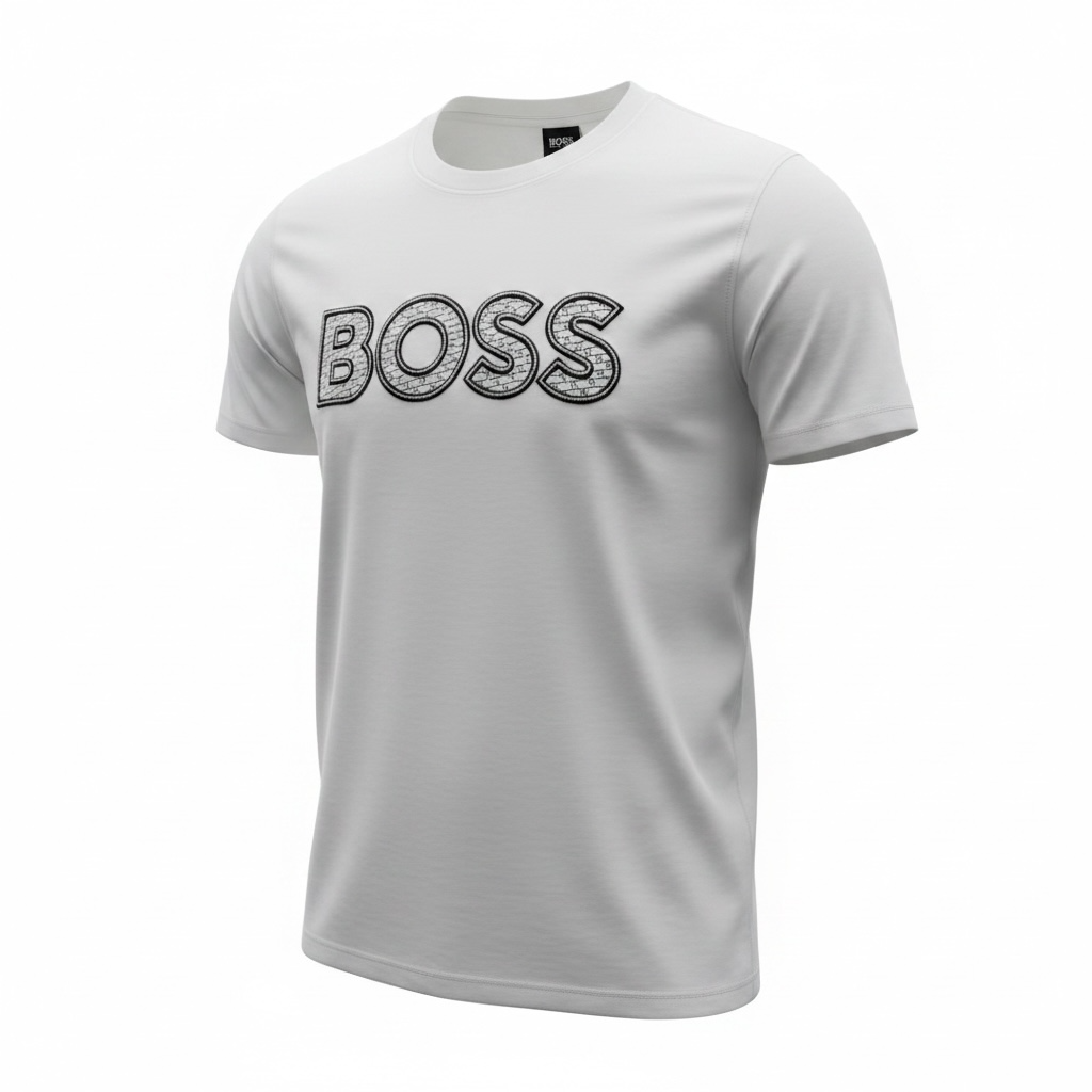 HUGO BOSS White Textured Logo T-Shirt 🤍🖤 Premium Statement Edition