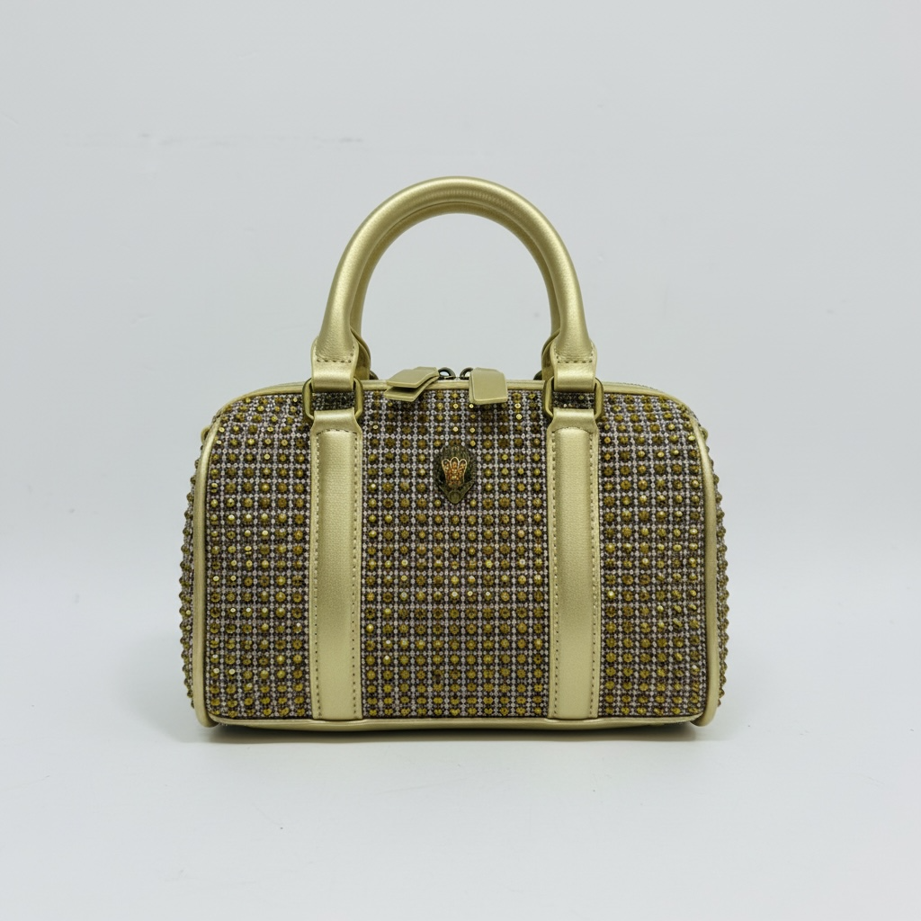 ✨ Kurt Geiger Gold Crystal Embellished Boston Bag – Luxury Top Handle Handbag