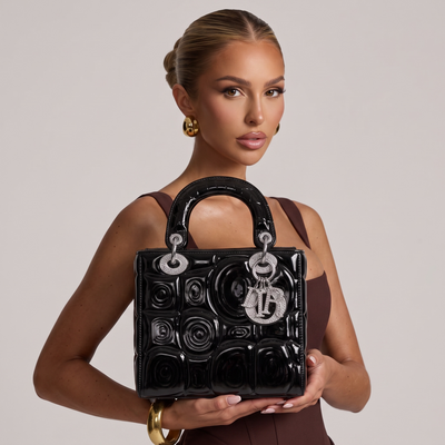 Dior Black Patent Lady Bag – Glossy Cannage Luxe with Crystal Charms 🖤✨
