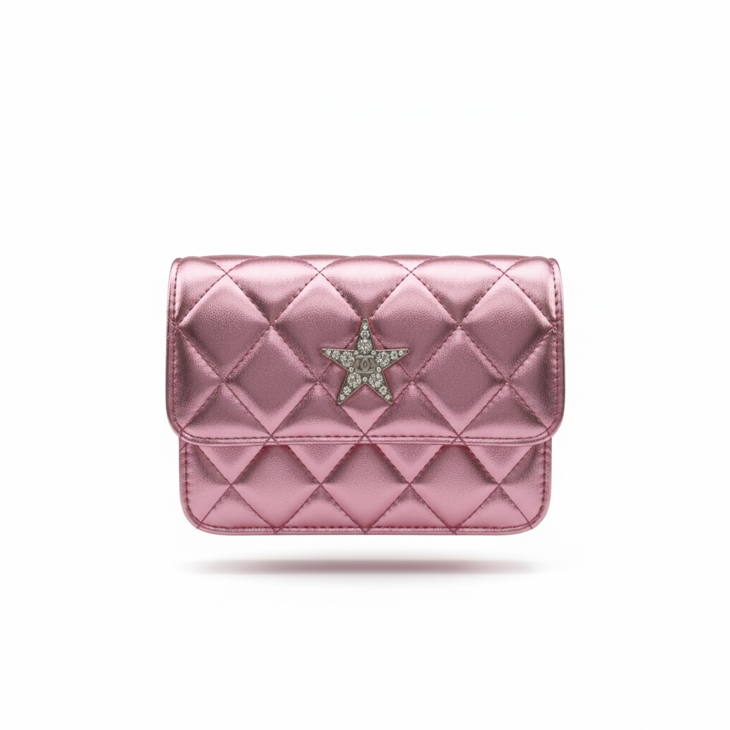 Chanel Quilted Metallic Pink Mini Flap Set – Star Detail & Matching Pouch 💗✨