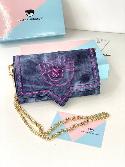 Chiara Ferragni Denim-Inspired Blue Handbag with Gold Chain