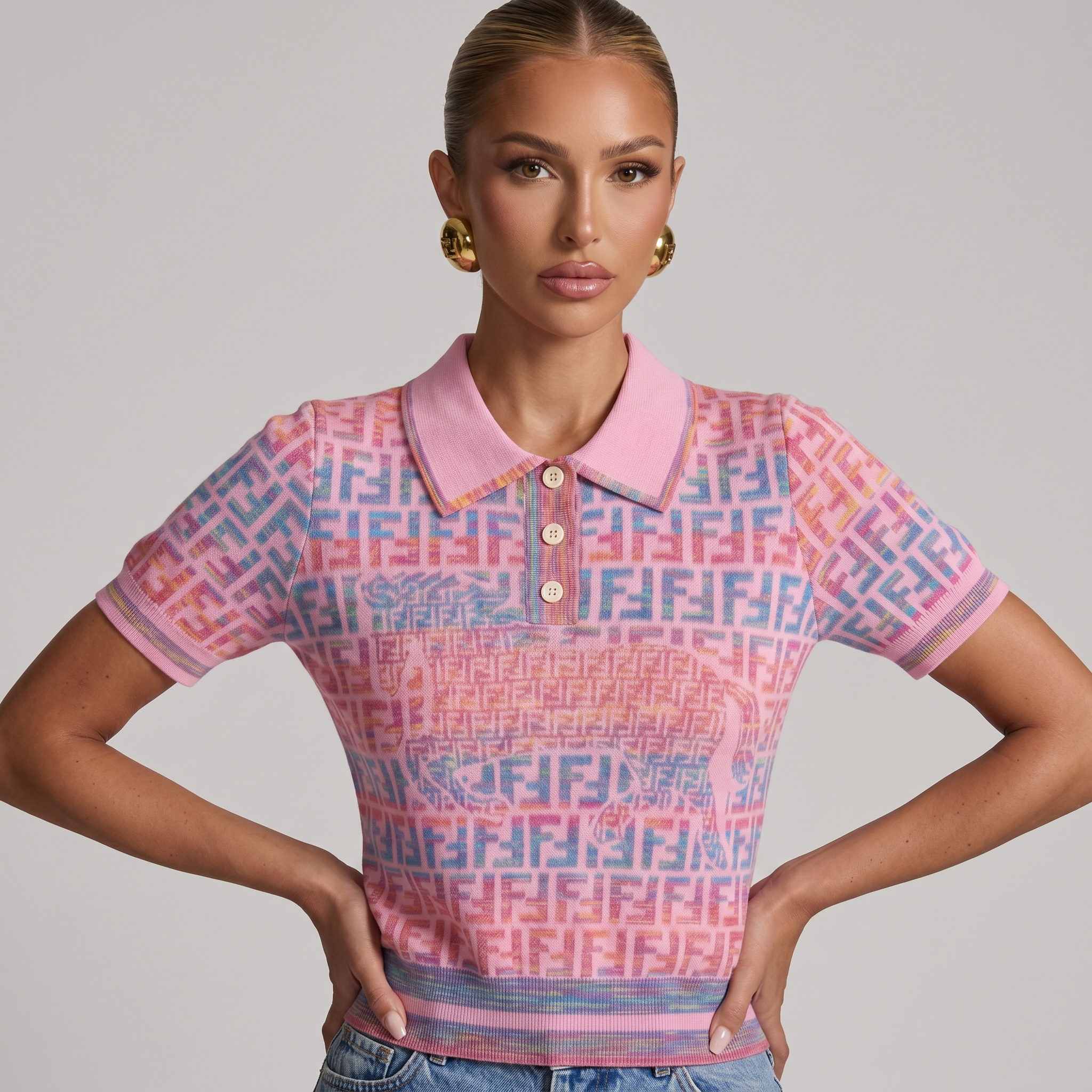 💖 Fendi Pastel FF Monogram Knit Polo Top