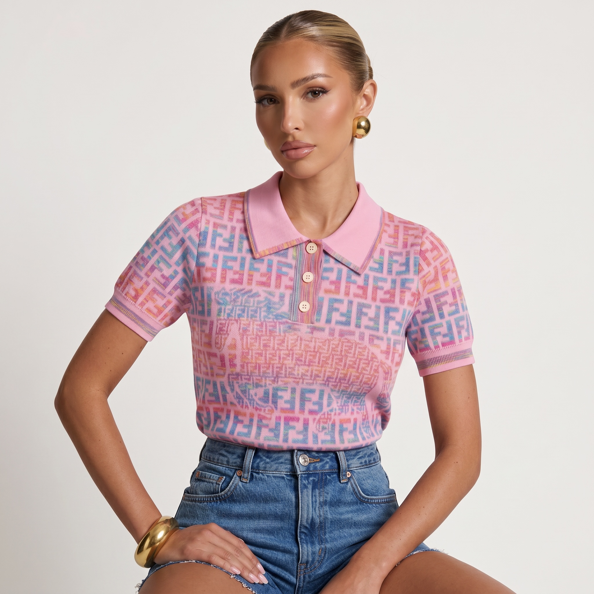 💖 Fendi Pastel FF Monogram Knit Polo Top