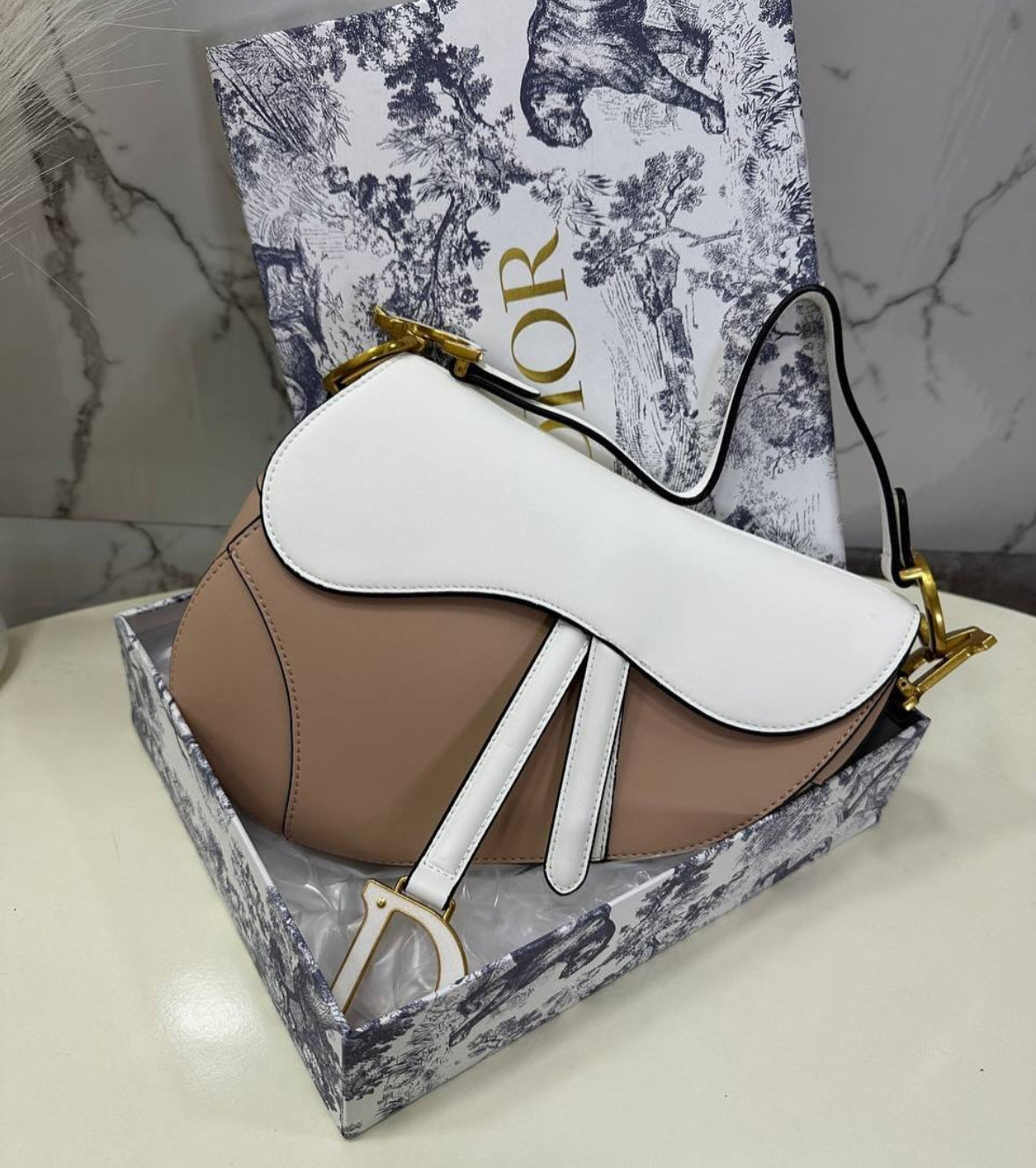 Dior Saddle Bag in Beige and White Leather with Gold Hardware