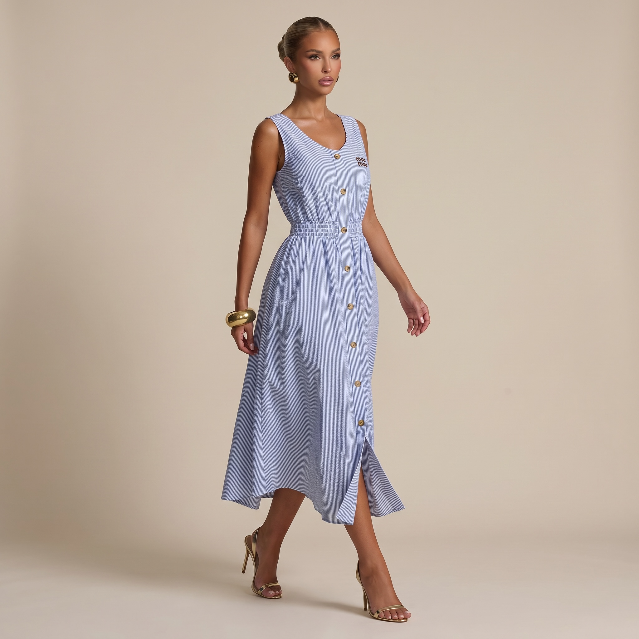 💙 Miu Miu Striped Sleeveless Cotton Midi Dress ✨