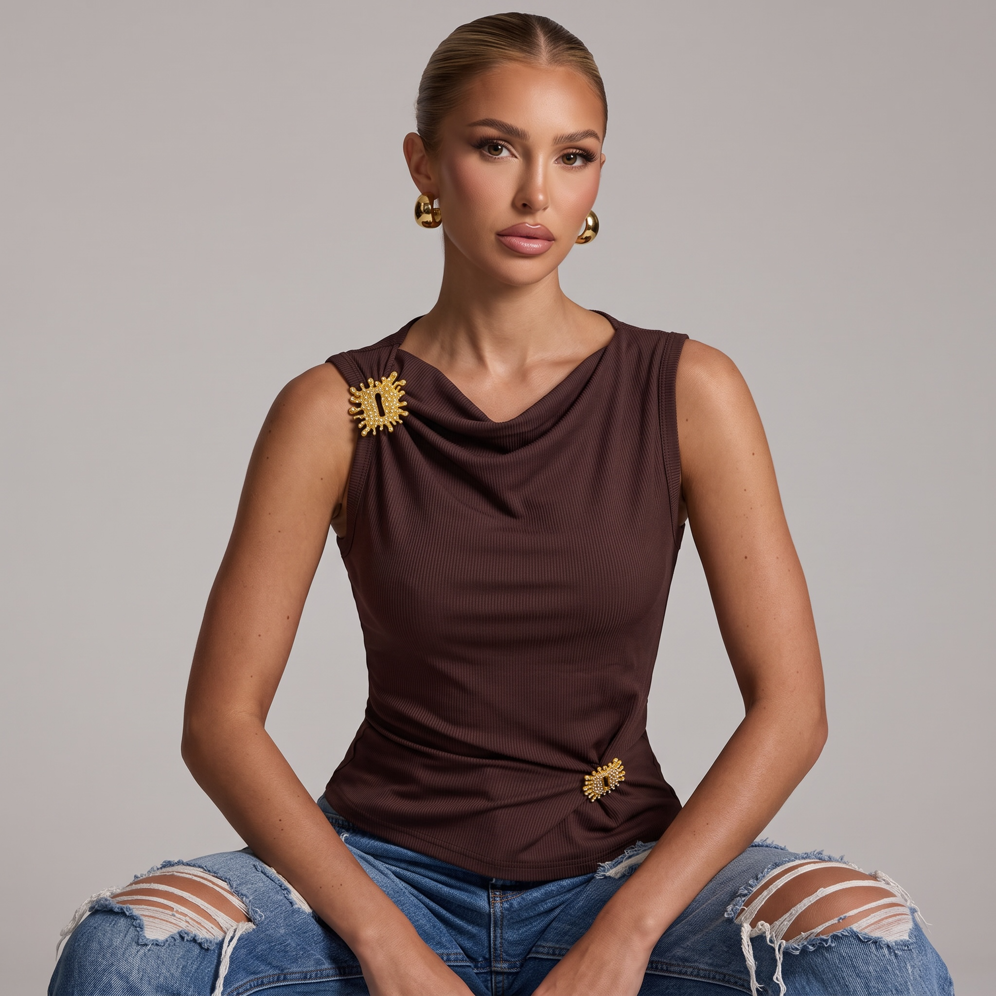 Schiaparelli Draped Embellished Sleeveless Top – Brown one size