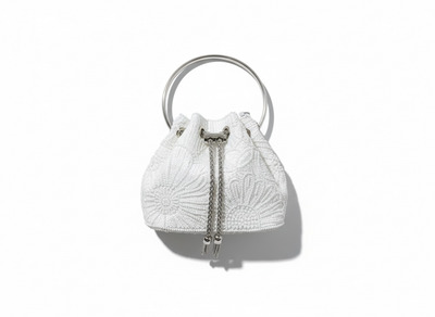 Embroidered Bucket Mini Bag – White Silver 🤍✨ | Elegant Minimal Glam