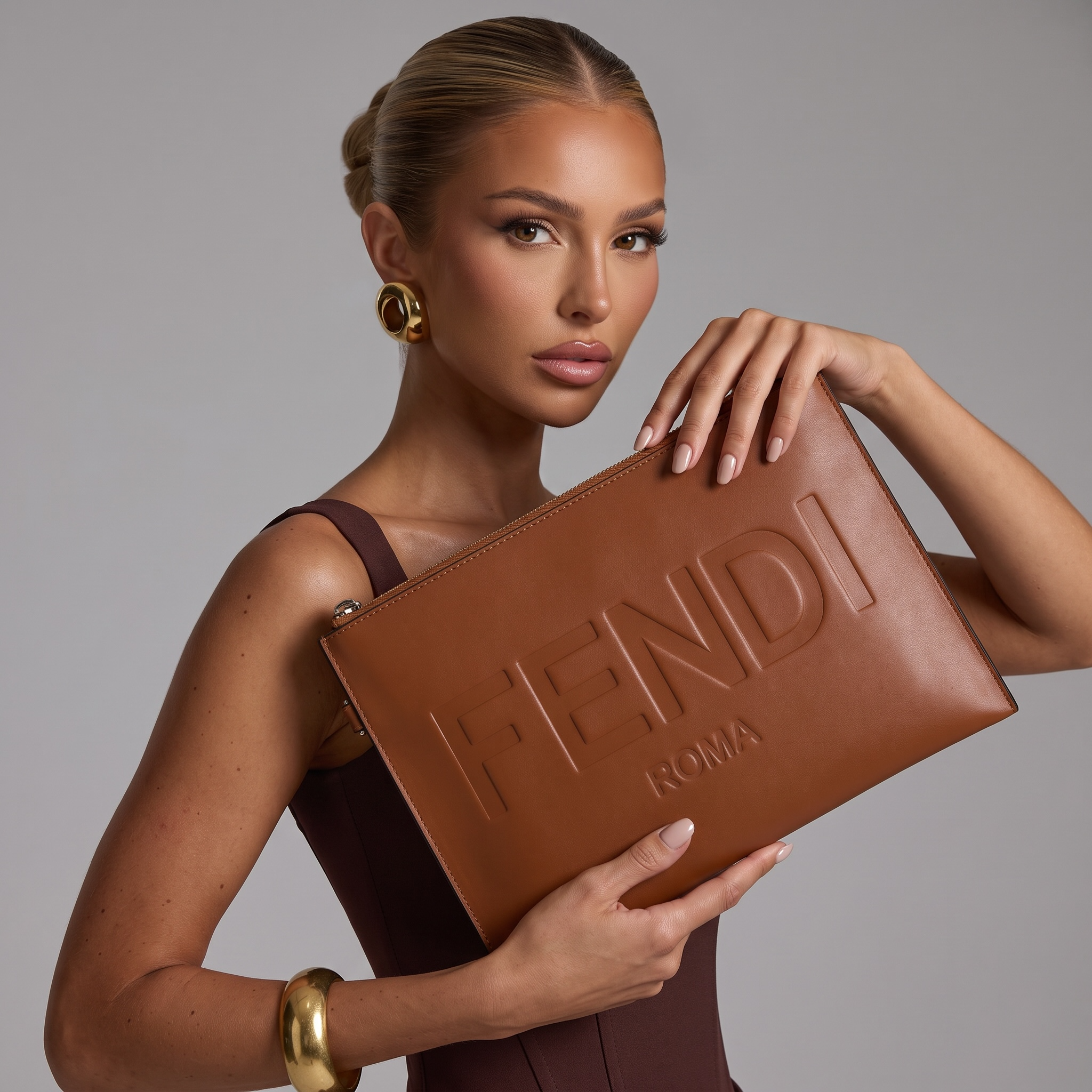 ✨ Fendi Roma Large Leather Pouch – Brown