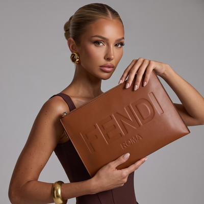 ✨ Fendi Roma Large Leather Pouch – Brown