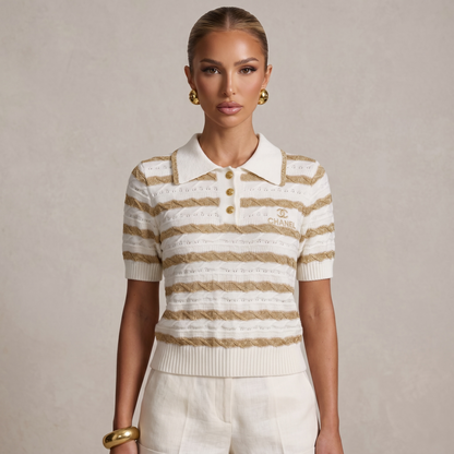 ✨ Chanel White & Gold Striped Knit Polo Top
