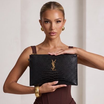 ✨ Saint Laurent Croc-Embossed Leather Clutch – Black