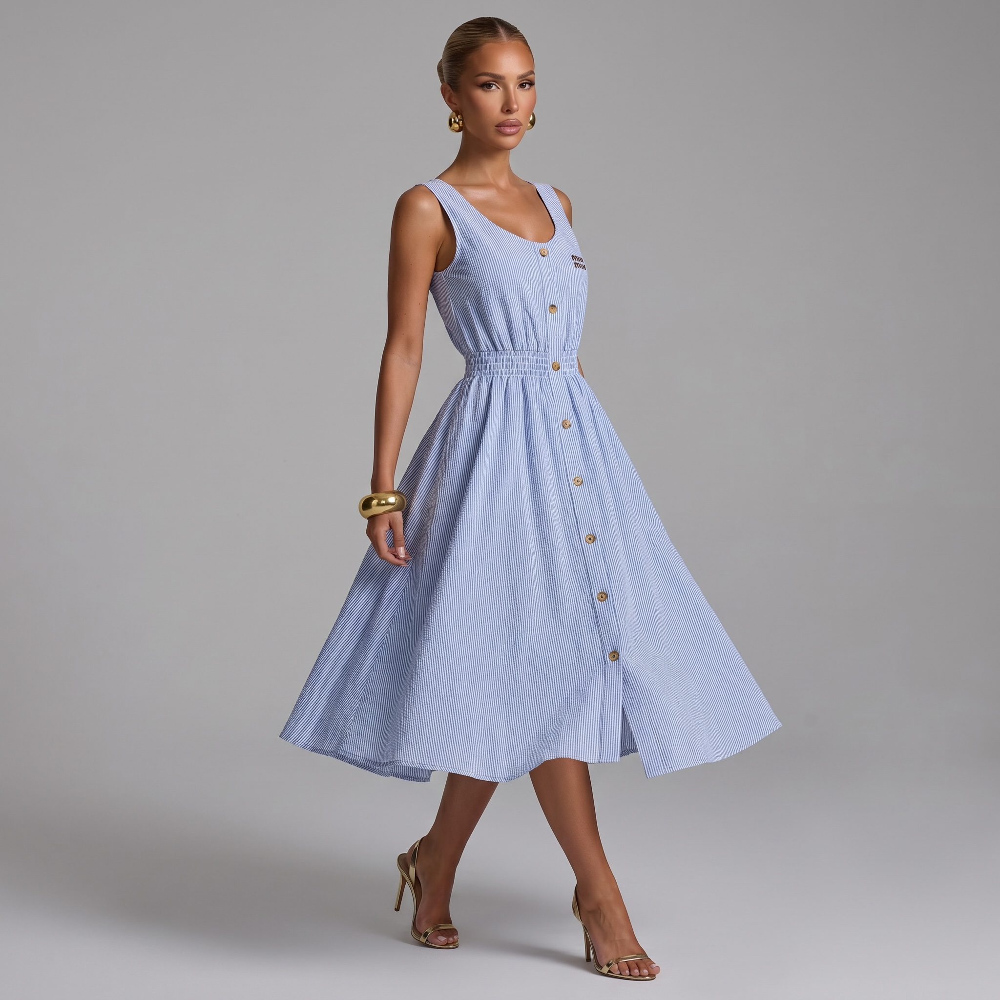 💙 Miu Miu Striped Sleeveless Cotton Midi Dress ✨