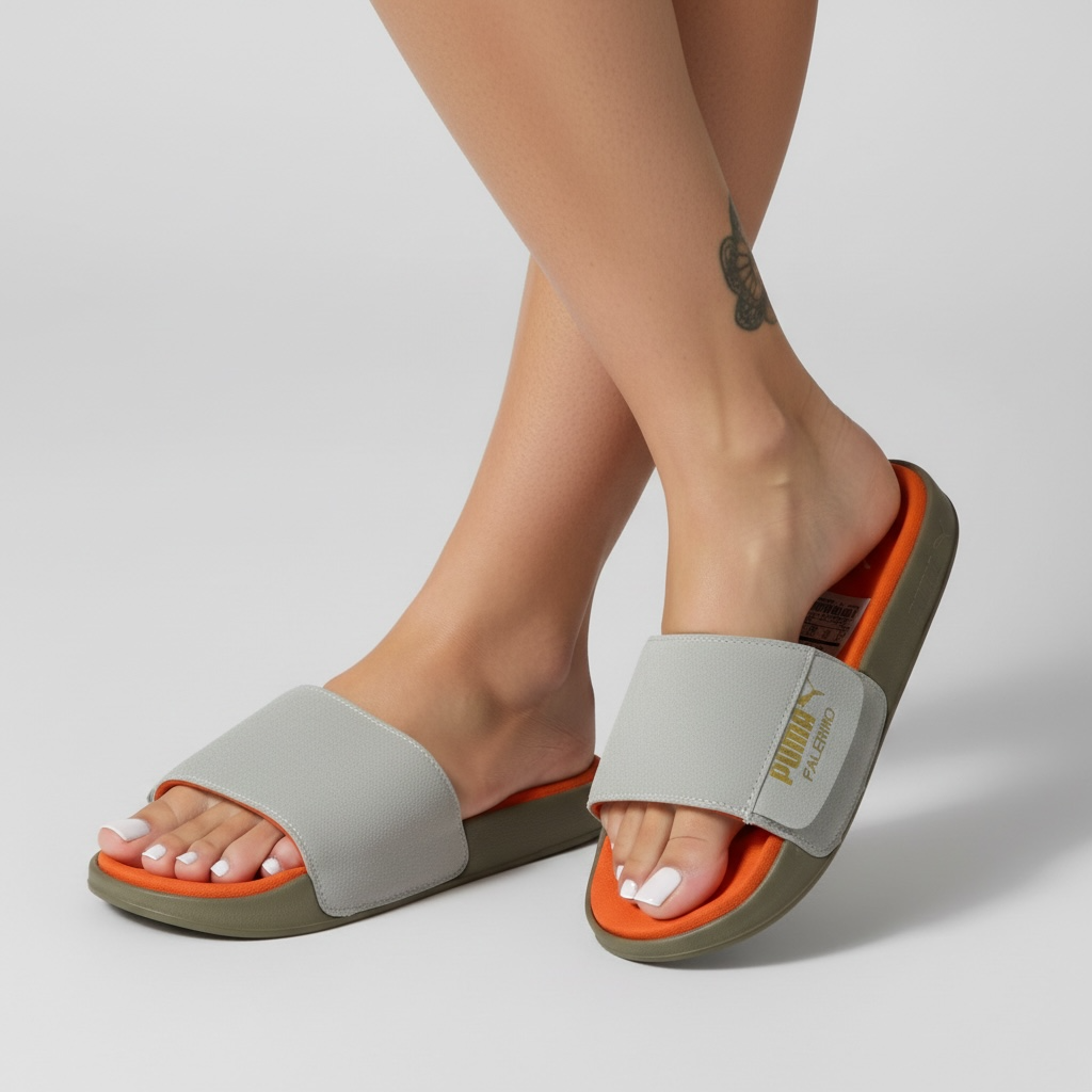 🧡 Puma Palermo Comfort Slides – Grey & Orange Summer Edition