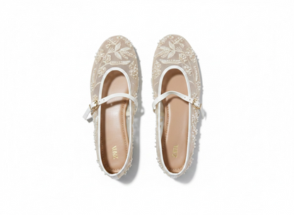 Zara Pearl Embroidered Mesh Mary Jane Flats ✨🤍