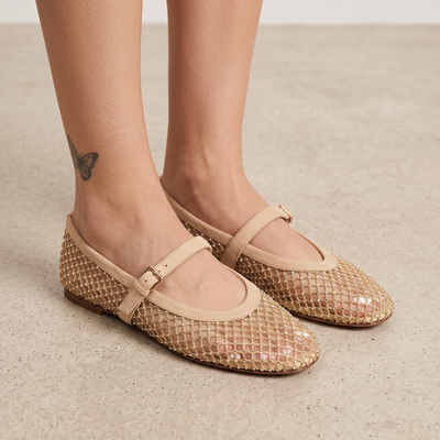 ✨ Alaïa Mesh Mary Jane Ballet Flats – Gold Beige