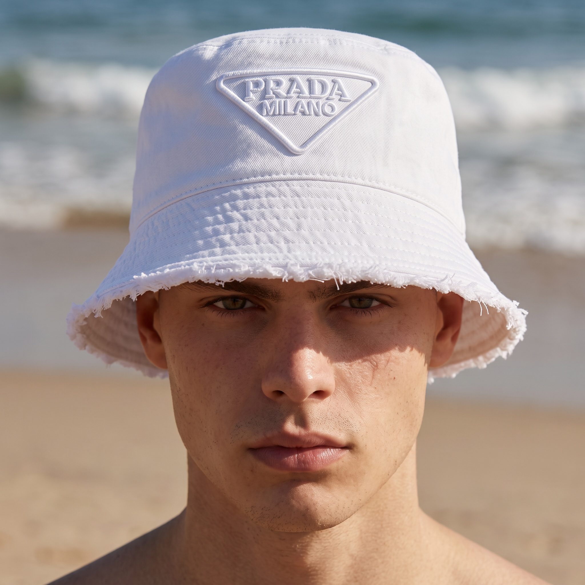 Prada Off-White Distressed Bucket Hat 🤍 | Washed Cotton Hat with Tonal Triangle Logo