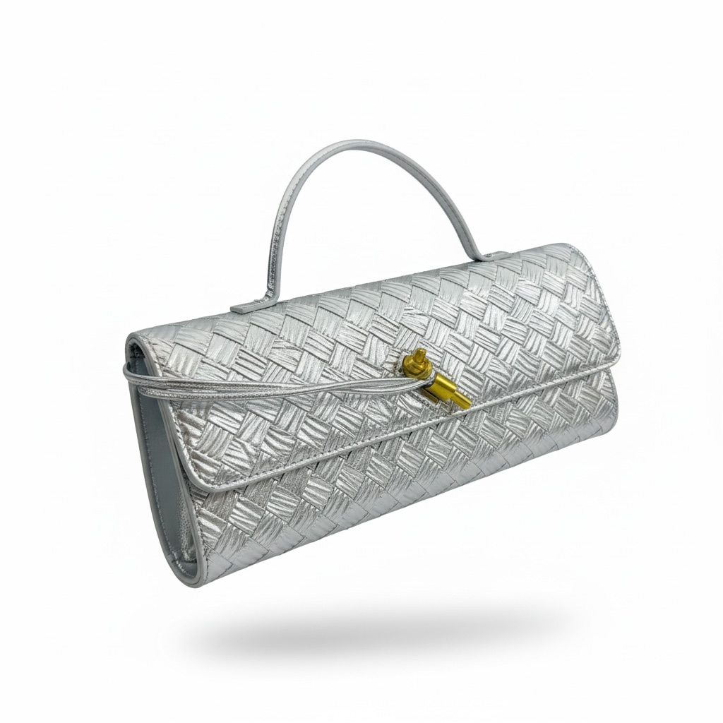 ✨ Bottega Veneta Silver Intrecciato Knot Clutch – Luxury Metallic Evening Handbag ✨