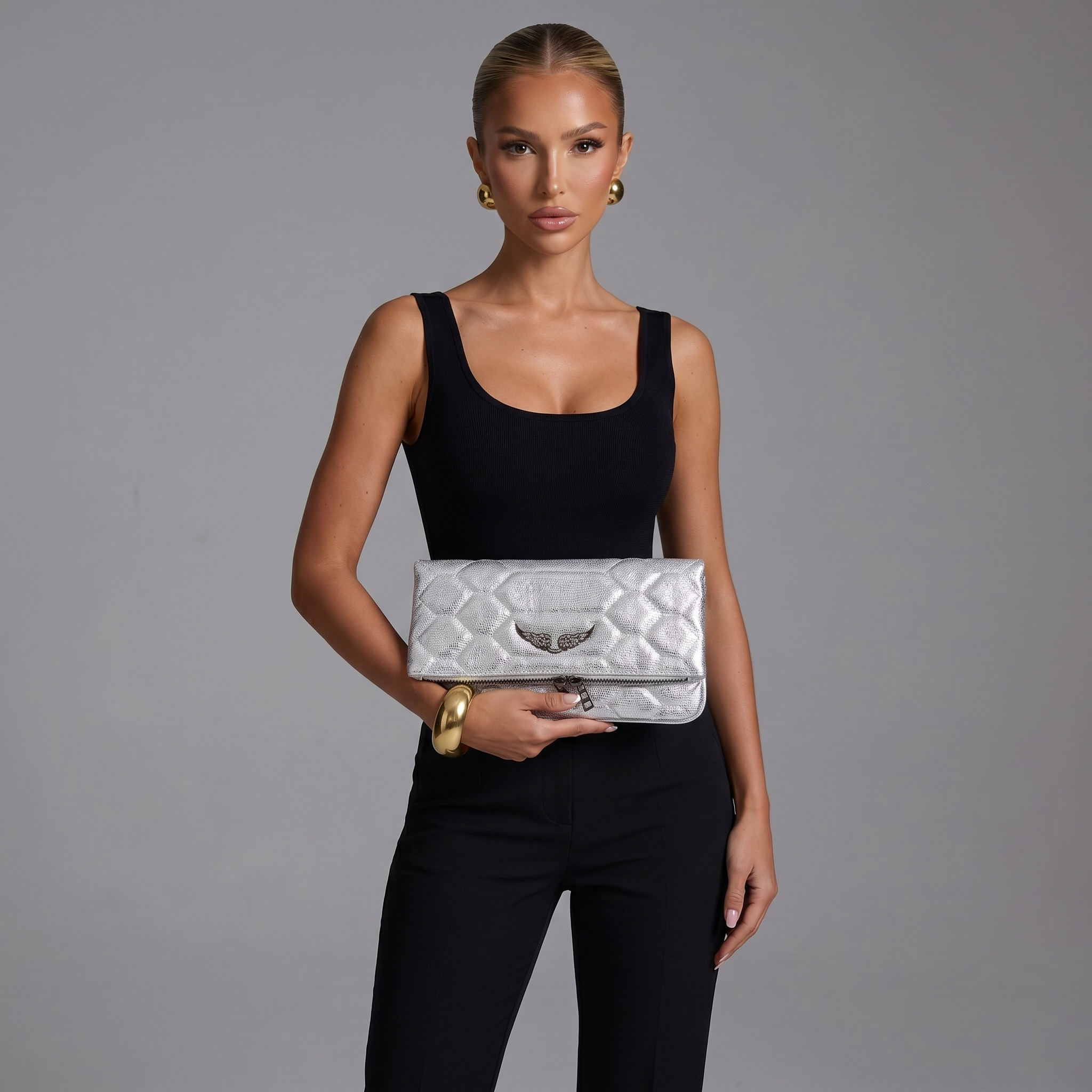 ✨ Zadig & Voltaire Rocky Metallic Quilted Foldover Clutch Bag ✨🤍