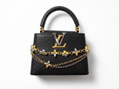 🖤 Louis Vuitton Capucines Mini Black Leather Bag with Floral Chain Charm ✨