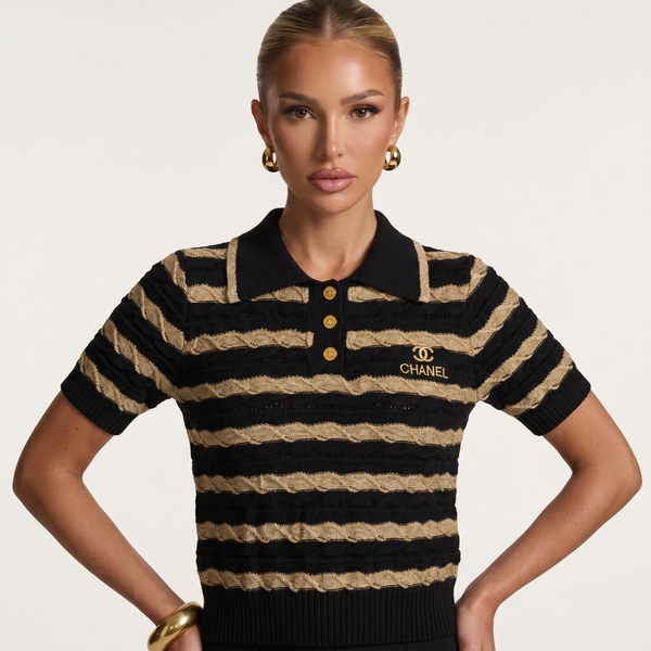 ✨ Chanel Black & Gold Striped Knit Polo Top