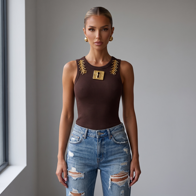 Schiaparelli Embellished Ribbed Tank Top – Brown one size
