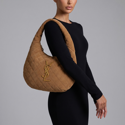 👜 Saint Laurent Quilted Suede Hobo Bag with Gold Logo