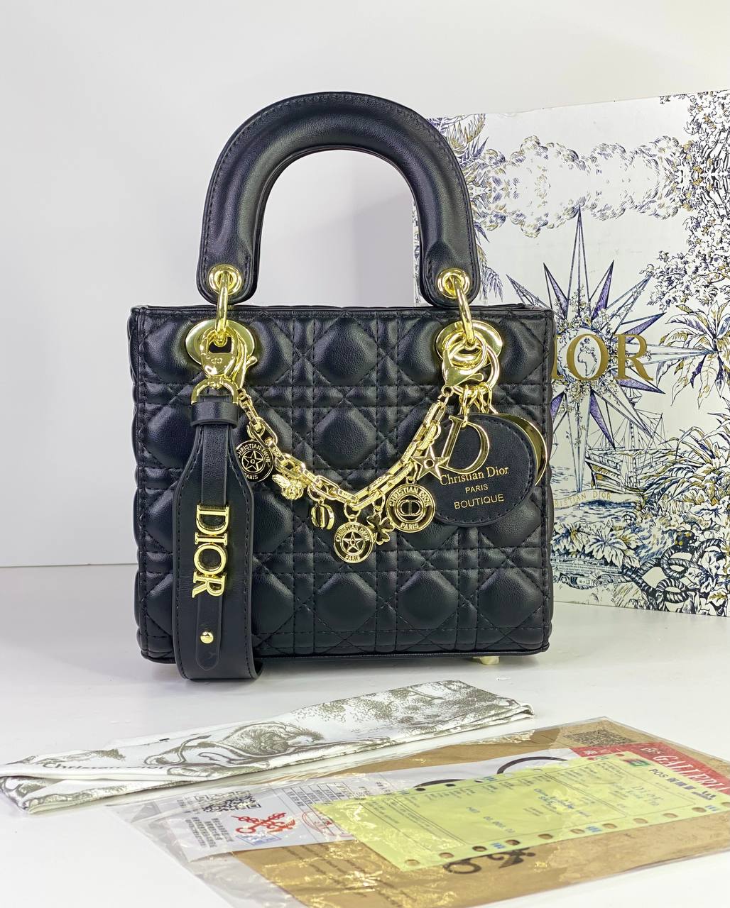 Lady Dior Medium Bag in Black Cannage Leather with Gold Charms