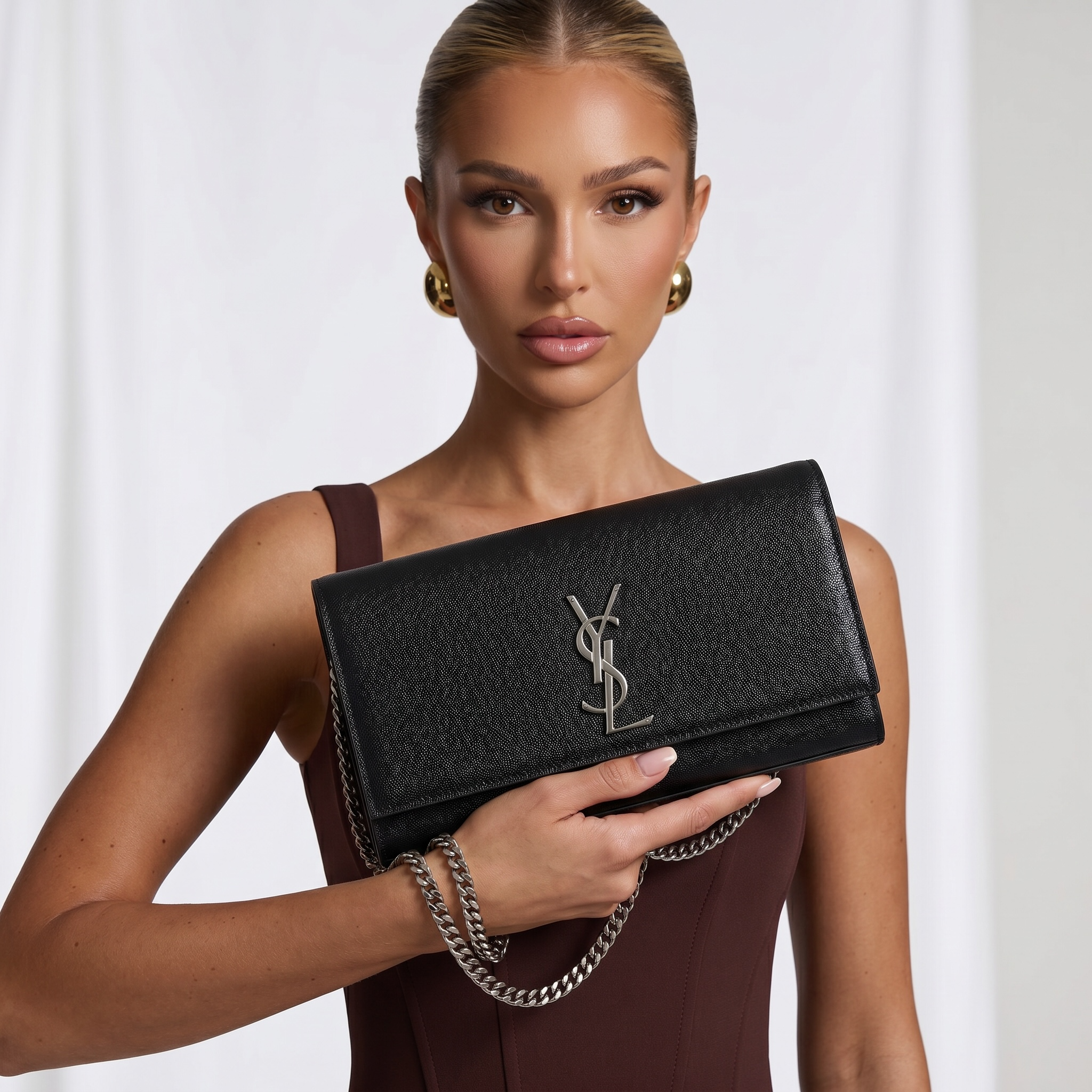 Saint Laurent Black Grain Leather Silver YSL Clutch 🖤✨🩶👛🔥