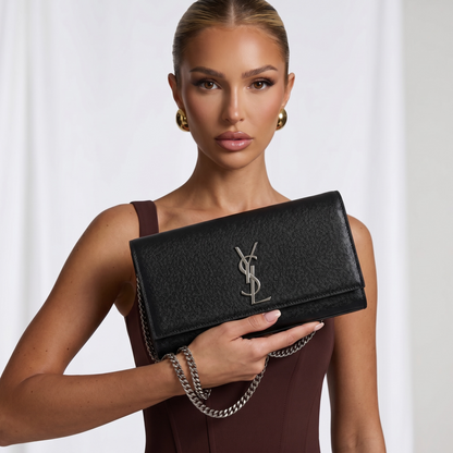 Saint Laurent Black Grain Leather Silver YSL Clutch 🖤✨🩶👛🔥