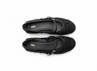 Zara Embellished Mary Jane Ballet Flats – Midnight Black Edition 🖤✨