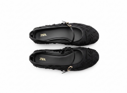 Zara Embellished Mary Jane Ballet Flats – Midnight Black Edition 🖤✨