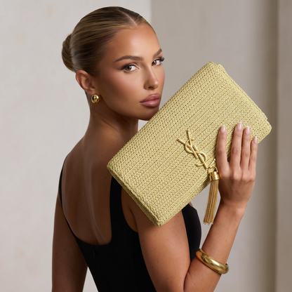 ✨ Saint Laurent Kate Raffia Tassel Clutch – Natural Beige Luxury Edition 🤍