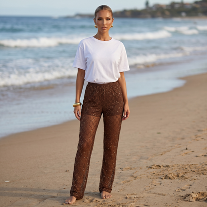 Gucci Brown Sheer Crystal Logo Pants 🤎✨