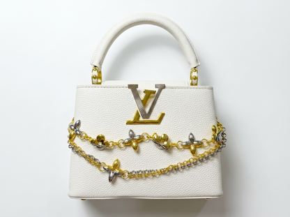 ✨ Louis Vuitton Capucines Mini White Leather Bag with Floral Chain Charm 🤍🌸