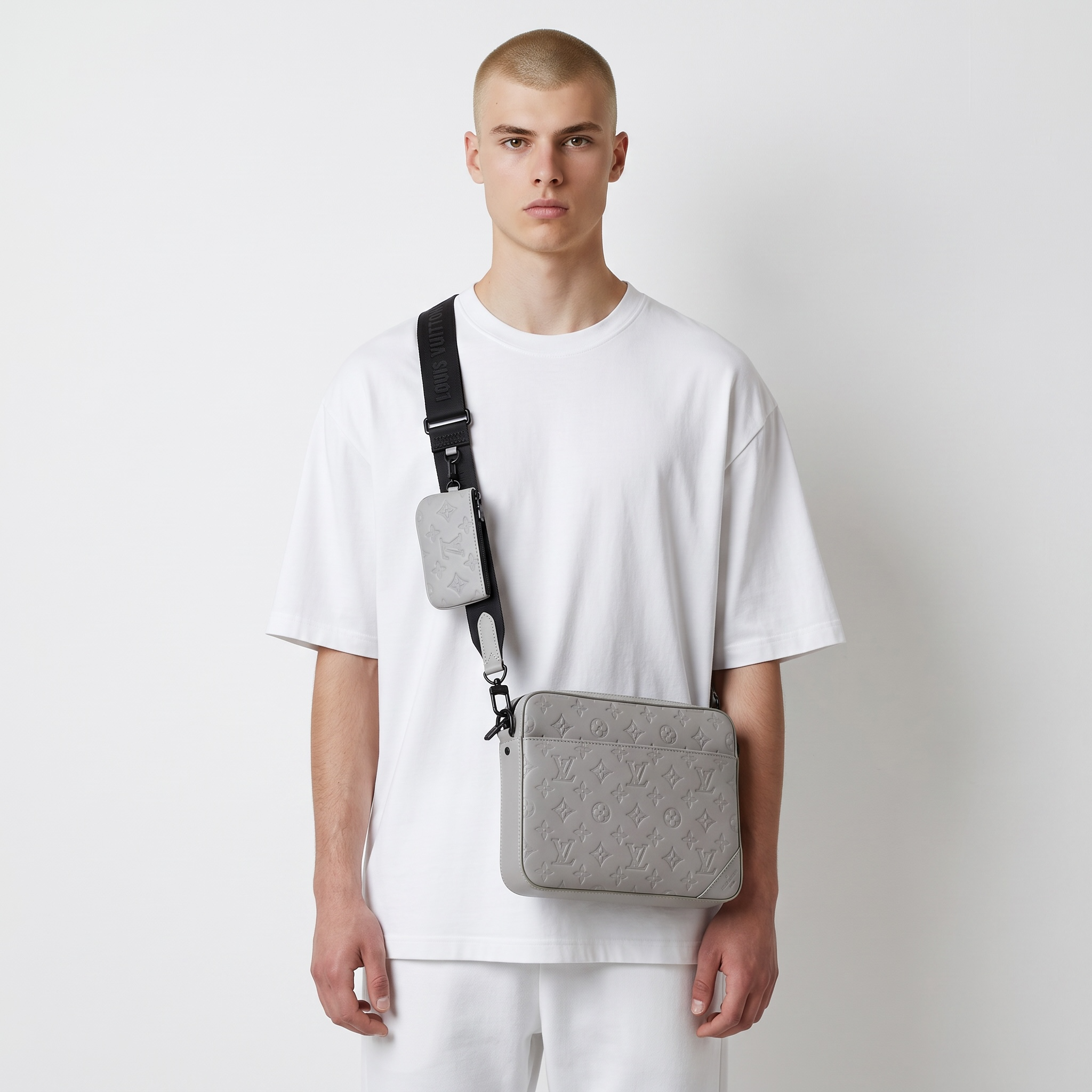 🩶 Louis Vuitton Monogram Shadow Messenger Bag Set – Light Grey